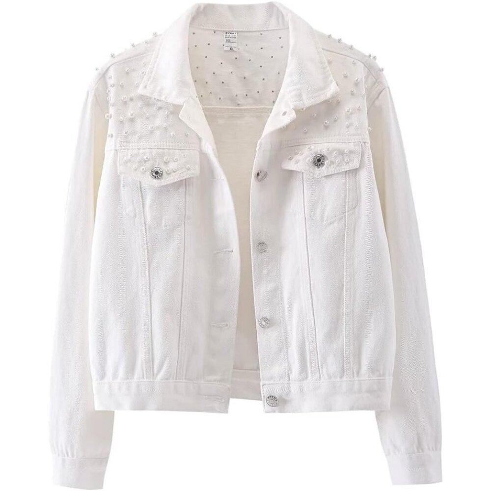 Women's Oversized Denim Jacket Embroidered Pearls Beading Jeans Coat White